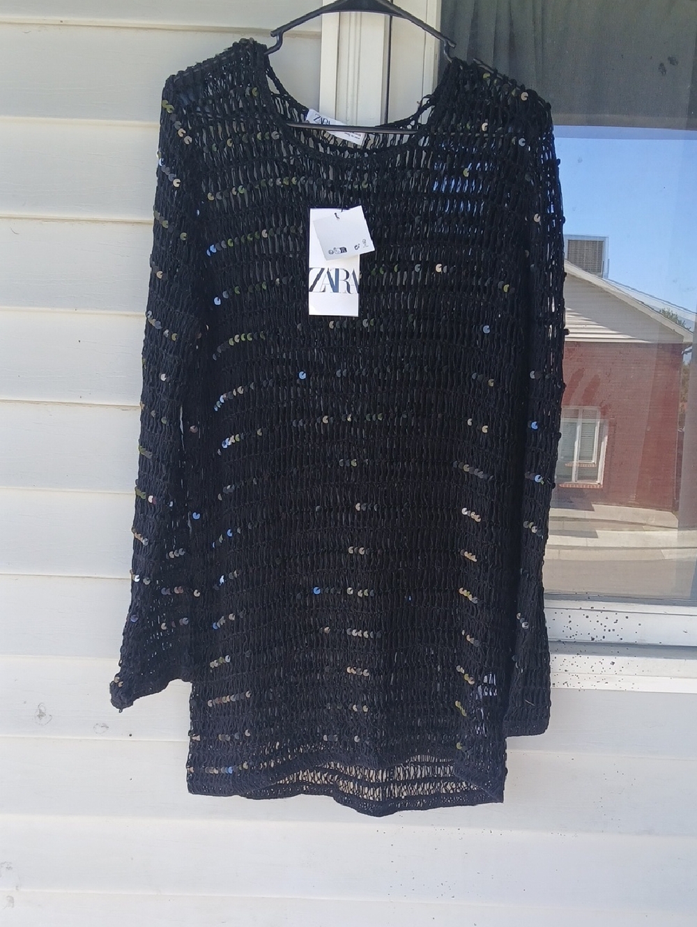 ZARA Black Open-Knit Sequin Party Dress Tunic Size Xs-S